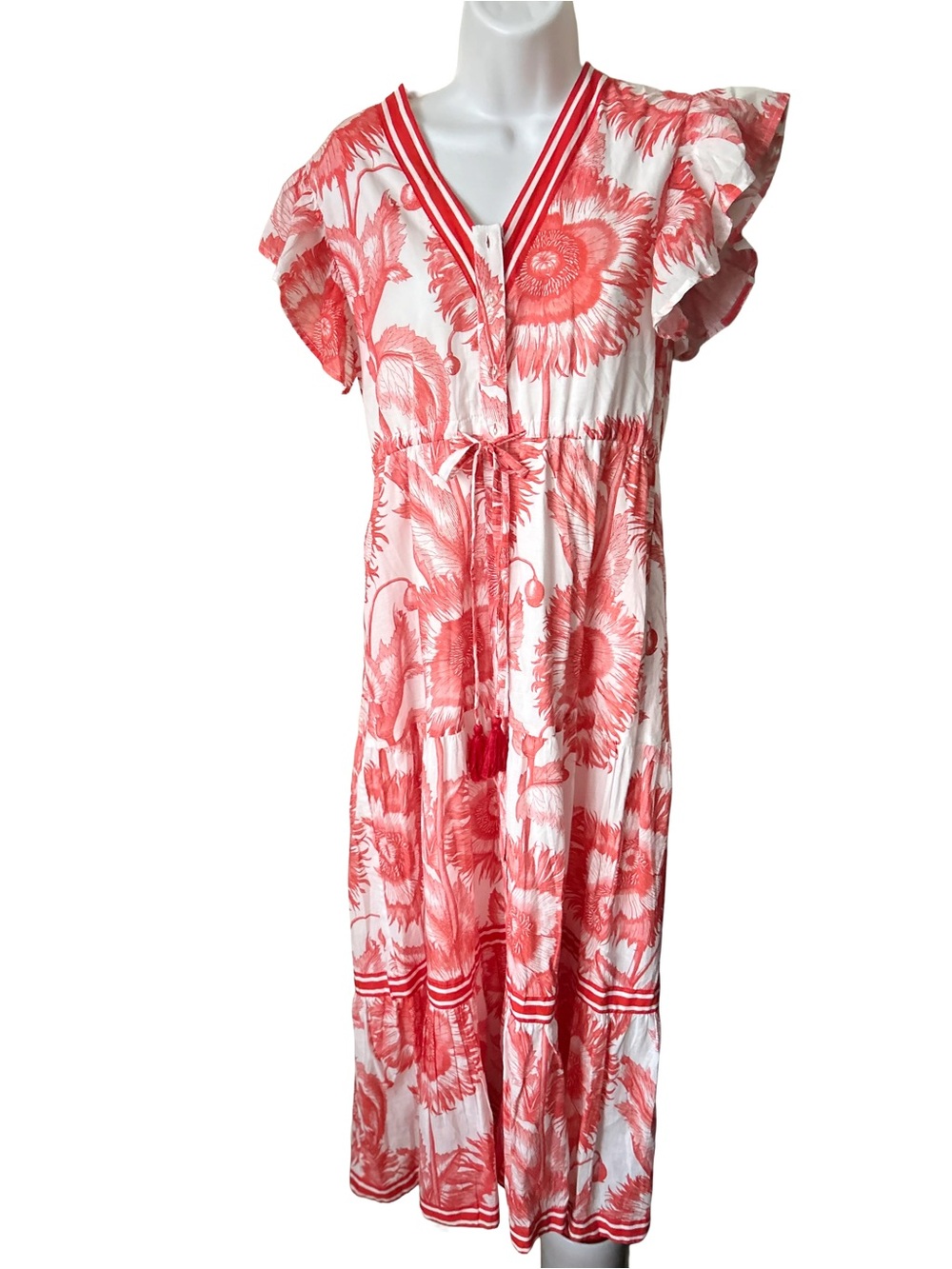 Isla Payal Floral Maxi Dress Coral Red & White Boho XS